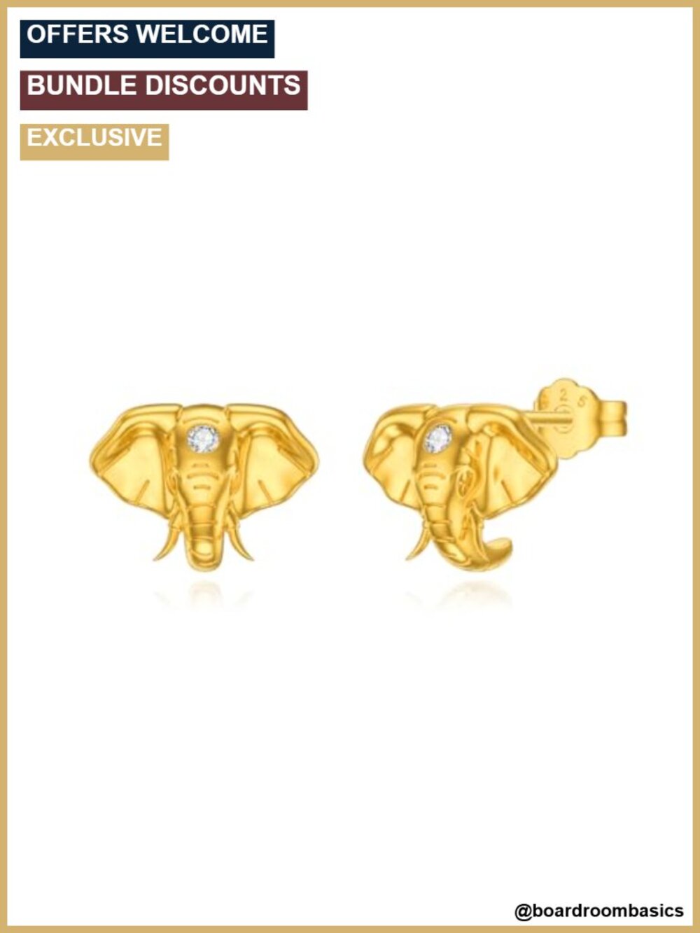 14K Gold Plated Elephant Stud Earrings Sterling Silver Cubic Zirconia Push Back